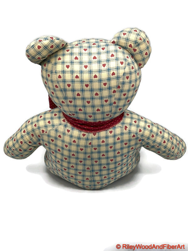 Handmade Vintage Fabric Stuffed Bear - Unique Heirloom Collectible Plaid Hearts on white background