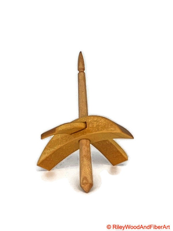 Mini Turkish Drop Spindle - Quartersawn Avodire Whorl with Maple Shaft on white background