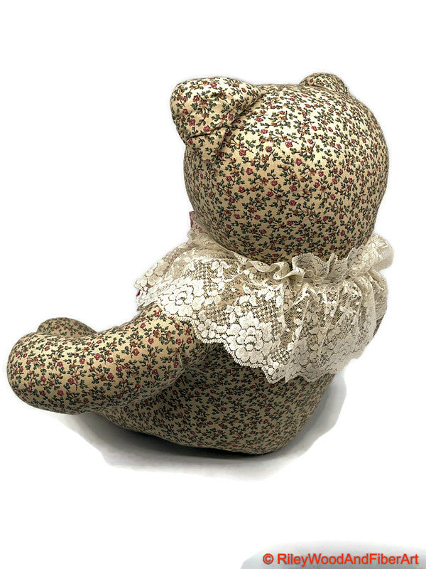 Handmade Vintage Fabric Stuffed Bear - Unique Heirloom Collectible White Floral on white background