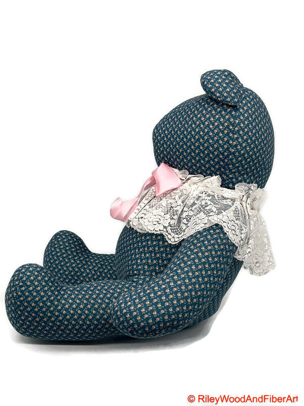 Handmade Vintage Fabric Stuffed Bear - Unique Heirloom Collectible Blue Rose on white background
