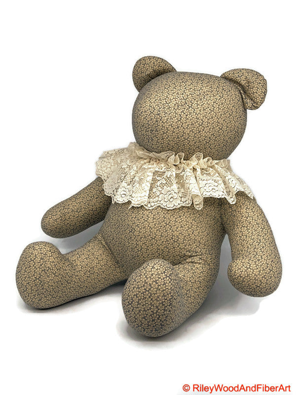 Handmade Vintage Fabric Stuffed Bear - Unique Heirloom Collectible White Flowers on white background