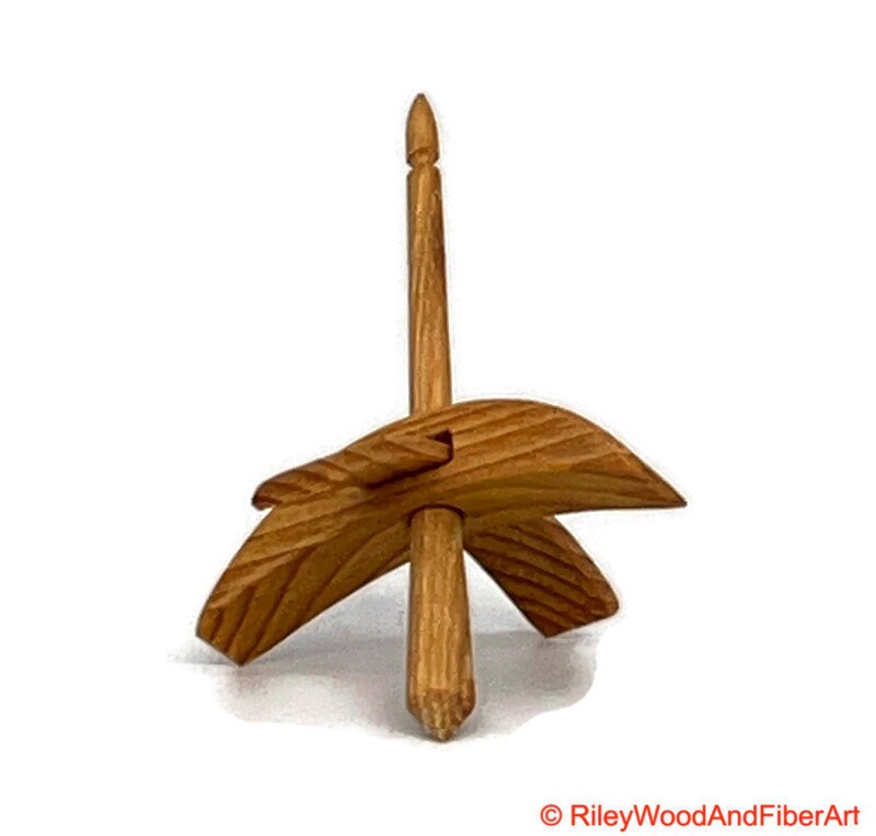 Mini Turkish Drop Spindle - Vertical Grain Douglas Fir Whorl with Hickory Shaft on white background