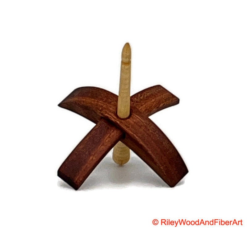 Mini Turkish Drop Spindle - Red Gum Whorl with Curly Maple Shaft on white background