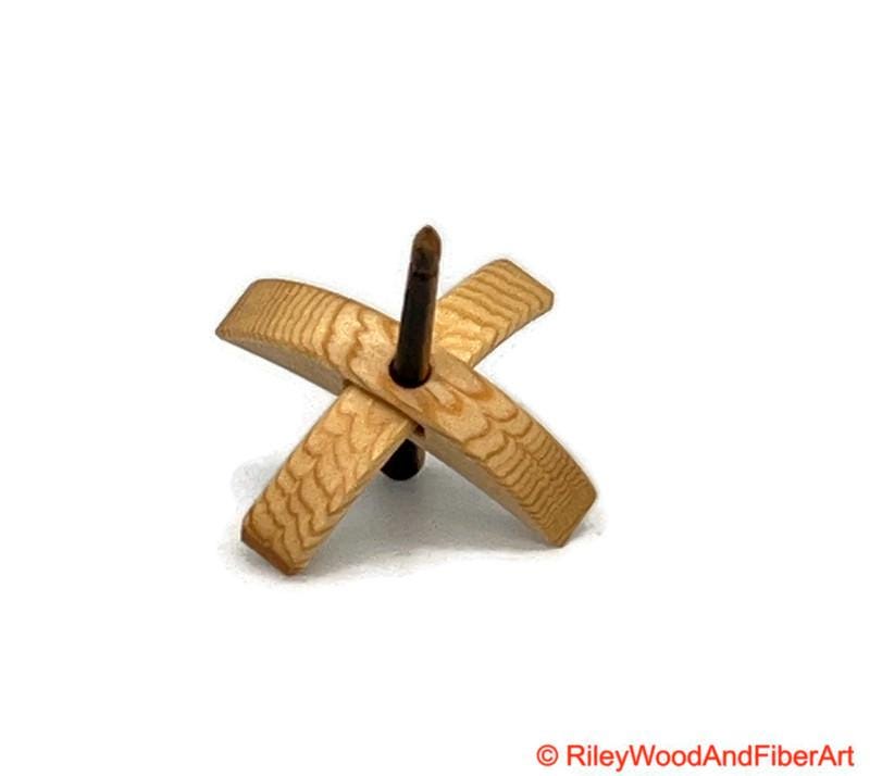 Mini Turkish Drop Spindle - Sitka Spruce Whorl with Black and White Ebony Shaft on white background