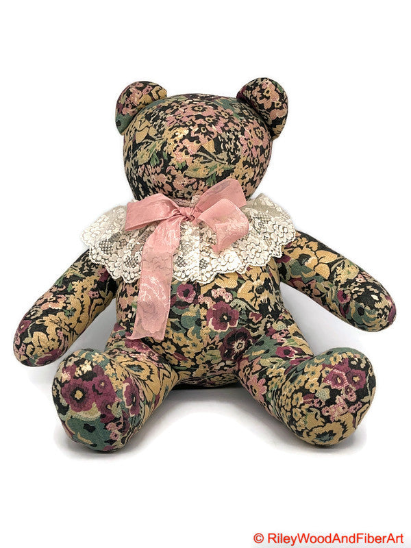 Stuffed Bear - Handmade with Vintage/Antique Material Antique Floral made by Riley Wood and Fiber Art