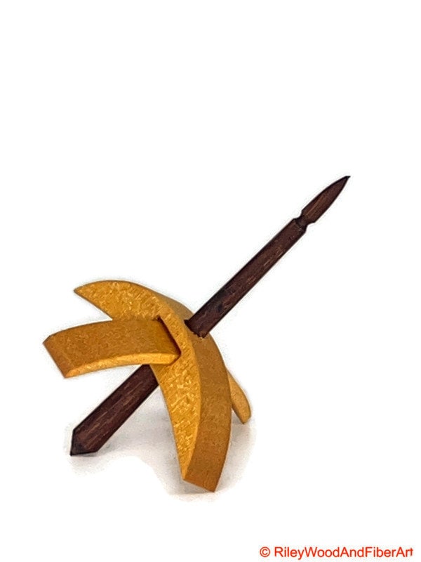 Mini Turkish Drop Spindle - Quartersawn Avodire Whorl with Walnut Shaft on white background