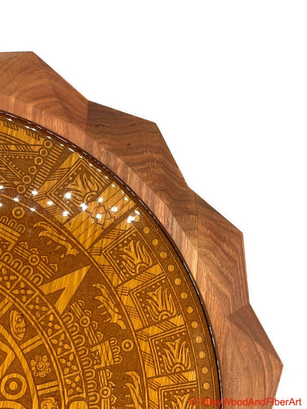 Aztec Sun Stone With 3d Carved Sun on periphery Wall Hanging Large made by Riley Wood and Fiber Art