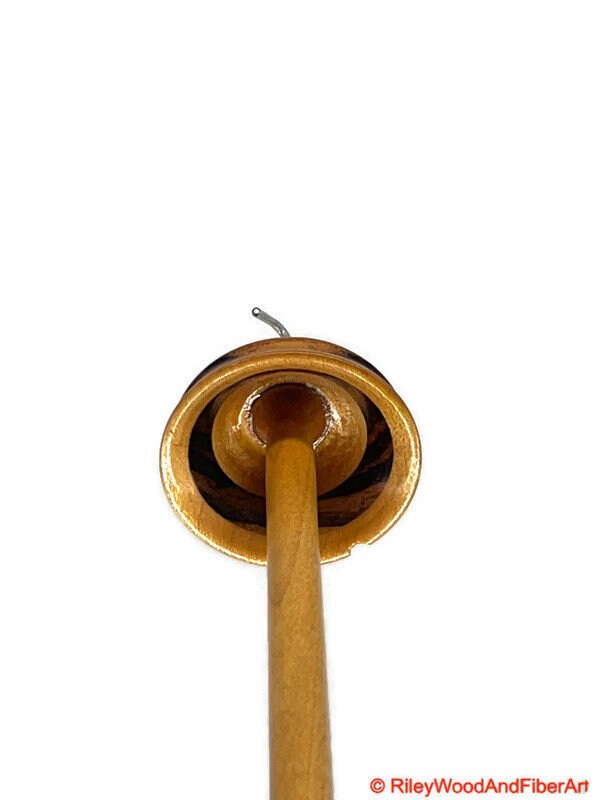 Top Whorl Drop Spindle - Maple & Zebra - 14g on white background