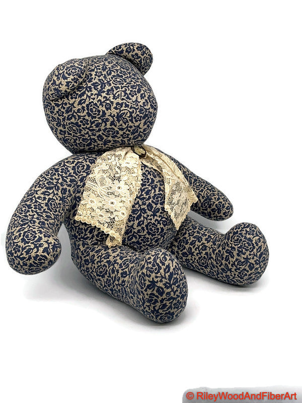 Handmade Vintage Fabric Stuffed Bear - Unique Heirloom Collectible Blue Floral on white background