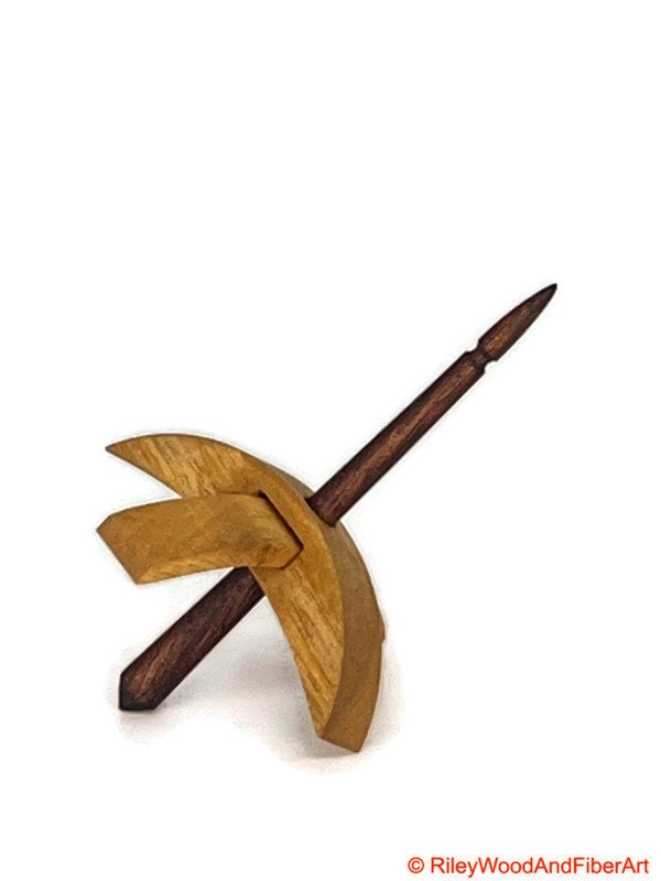 Mini Turkish Drop Spindle - Myrtle Whorl with Chechen Shaft on white background