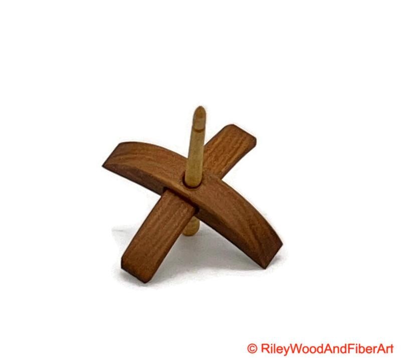 Mini Turkish Drop Spindle - Cherry Whorl with Curly Maple Shaft on white background