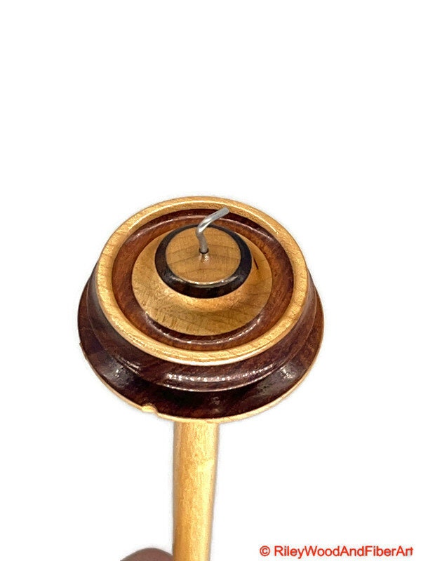Top Whorl Drop Spindle - Walnut, Maple & Allo - 33g on white background