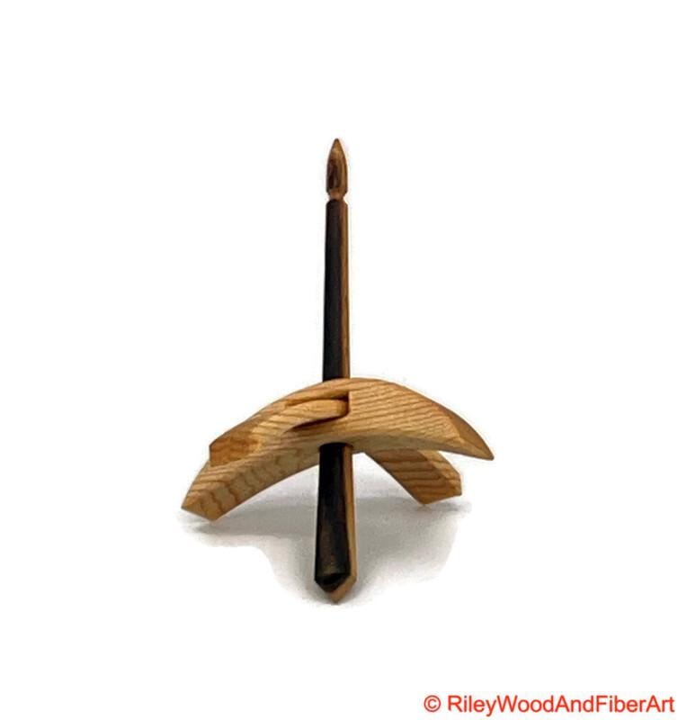 Mini Turkish Drop Spindle - Sitka Spruce Whorl with Black and White Ebony Shaft on white background