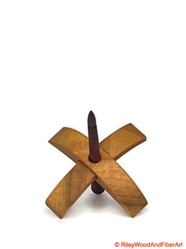 Mini Turkish Drop Spindle - Myrtle Whorl with Purple Heart Shaft on white background