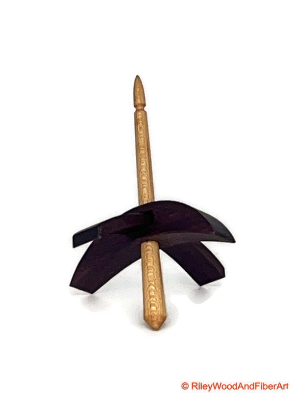 Mini Turkish Drop Spindle - Purple Heart Whorl with Maple Shaft on white background
