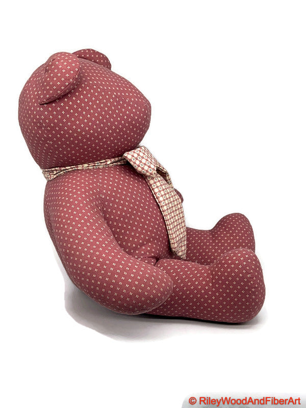 Handmade Vintage Fabric Stuffed Bear - Unique Heirloom Collectible Red Diamond on white background