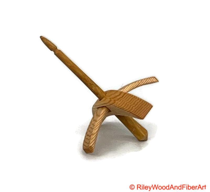 Mini Turkish Drop Spindle - Sitka Spruce Whorl with Hickory Shaft on white background