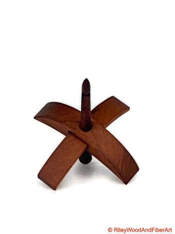 Mini Turkish Drop Spindle - Cherry Whorl with Chechen Shaft on white background