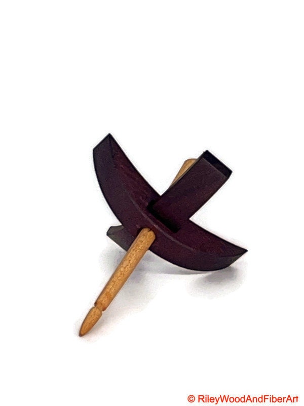 Mini Turkish Drop Spindle - Purple Heart Whorl with Maple Shaft on white background