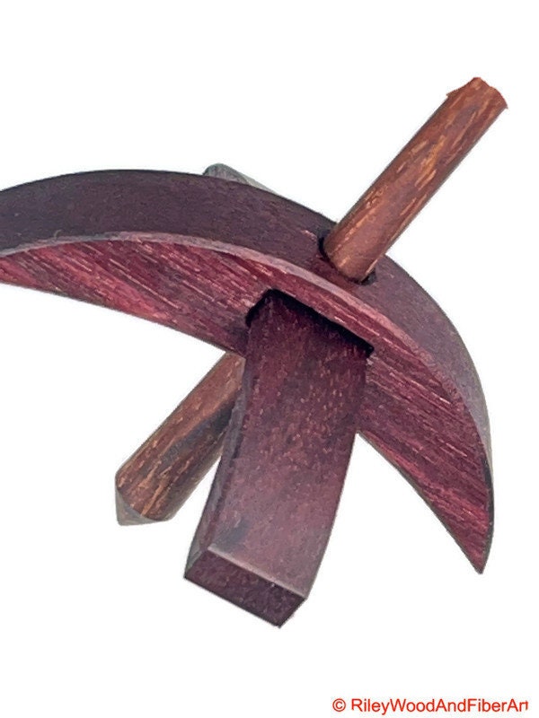 Mini Turkish Drop Spindle - Purple Heart Whorl with Honduran Rosewood Shaft on white background