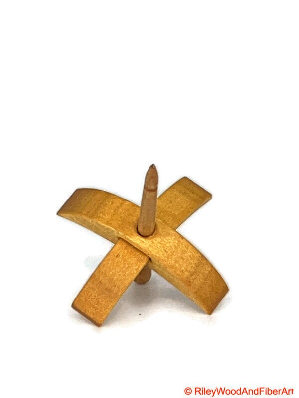 Mini Turkish Drop Spindle - Quartersawn Avodire Whorl with Maple Shaft on white background