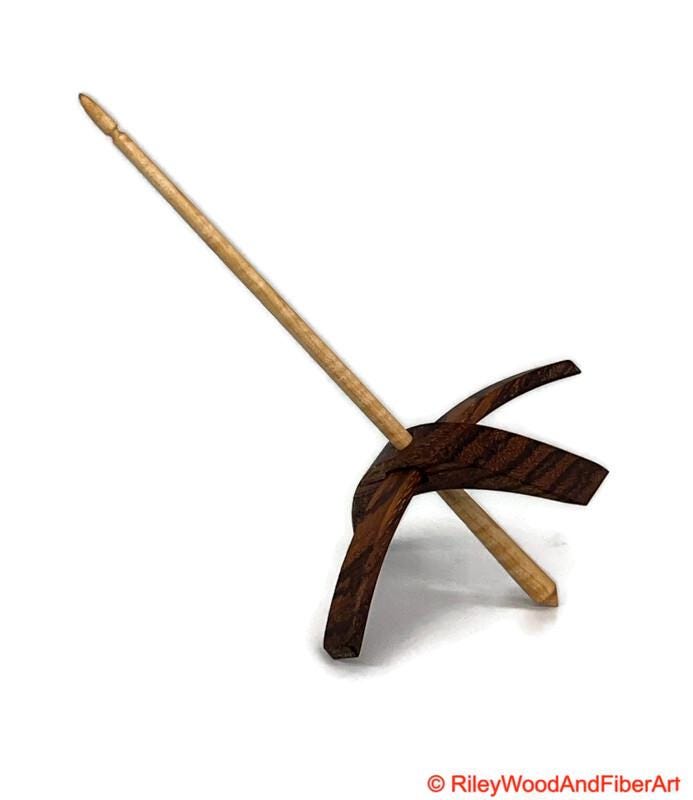Mega Turkish Drop Spindle - Quartersawn Zebra Whorl with Curly Maple Shaft made by Riley Wood and Fiber Art