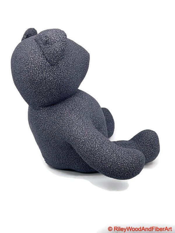 Handmade Vintage Fabric Stuffed Bear - Unique Heirloom Collectible Blue Vines on white background
