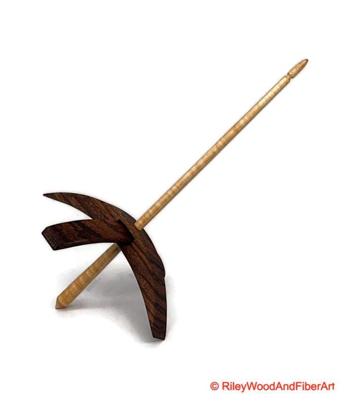 Mega Turkish Drop Spindle - Quartersawn Zebra Whorl with Curly Maple Shaft made by Riley Wood and Fiber Art