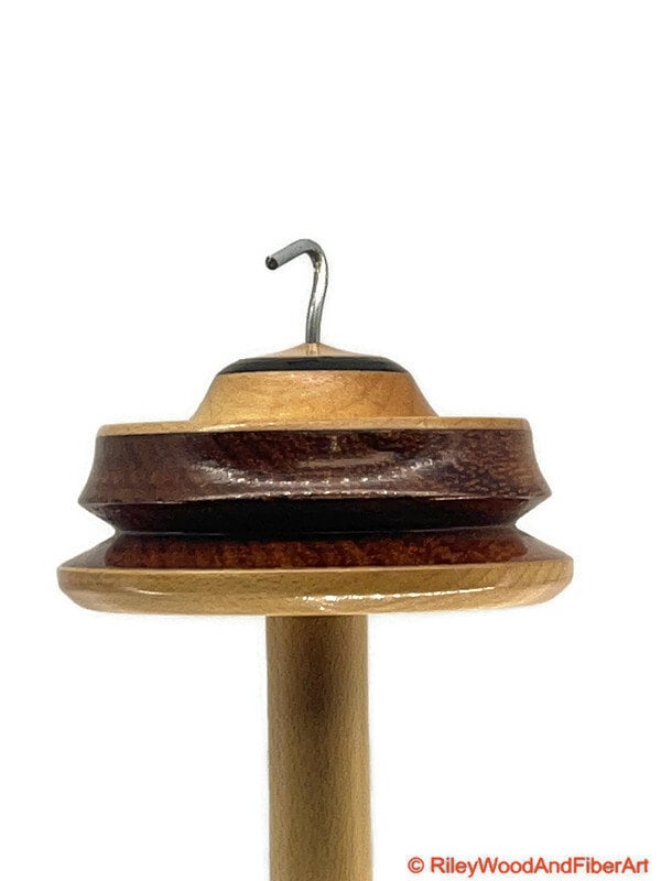 Top Whorl Drop Spindle - Walnut, Maple & Allo - 33g on white background