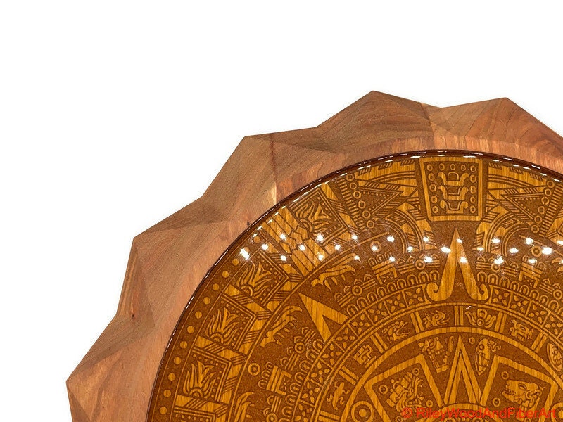 Aztec Sun Stone With 3d Carved Sun on periphery Wall Hanging Large made by Riley Wood and Fiber Art