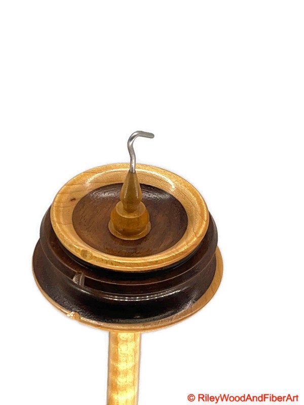 Top Whorl Drop Spindle - Maple & Walnut - Curly Maple Shaft - 35g on white background