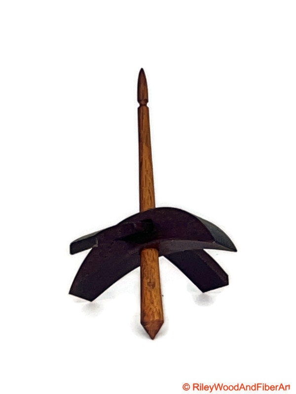 Mini Turkish Drop Spindle - Purple Heart Whorl with Jobillo Shaft on white background