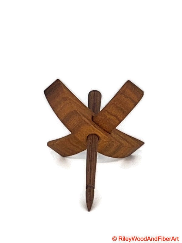 Mini Turkish Drop Spindle - Quartersawn Canary Whorl with Walnut Shaft on white background