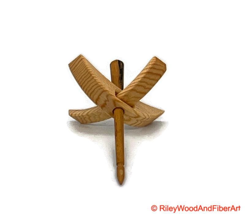 Mini Turkish Drop Spindle - Sitka Spruce Whorl with Black and White Ebony Shaft on white background