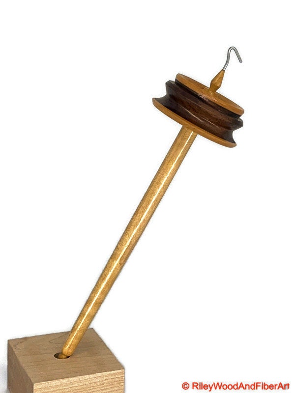 Top Whorl Drop Spindle - Maple & Walnut - Curly Maple Shaft - 35g on white background