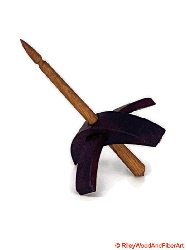Mini Turkish Drop Spindle - Purple Heart Whorl with White Oak Shaft on white background
