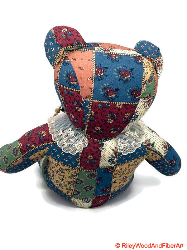 Handmade Vintage Fabric Stuffed Bear - Unique Heirloom Collectible Remnant on white background
