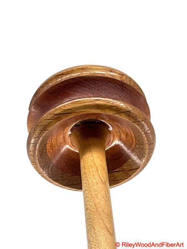 Top Whorl Drop Spindle - Rift Sawn White Oak & African Mahogany - 29g on white background