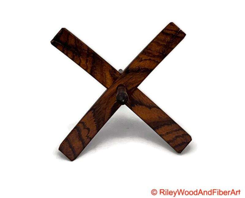 Mega Turkish Drop Spindle - Quartersawn Zebra Whorl with Honduran Rosewood Shaft on white background
