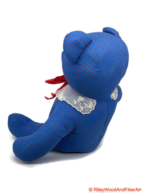 Handmade Vintage Fabric Stuffed Bear - Unique Heirloom Collectible blue Heart on white background