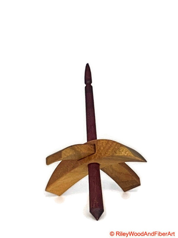 Mini Turkish Drop Spindle - Myrtle Whorl with Purple Heart Shaft on white background