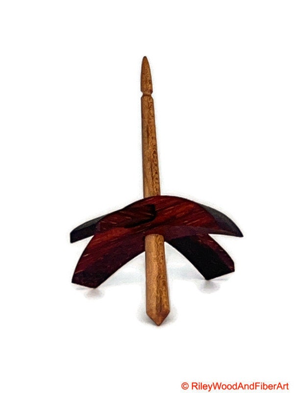 Mini Turkish Drop Spindle - Padauk Whorl with Maple Heartwood Shaft on white background