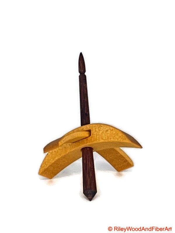 Mini Turkish Drop Spindle - Quartersawn Avodire Whorl with Walnut Shaft on white background