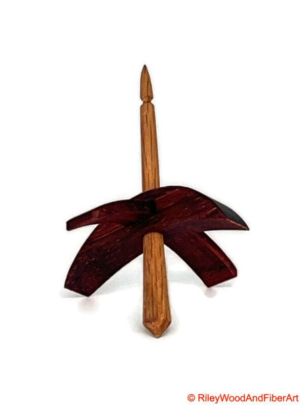 Mini Turkish Drop Spindle - Padauk Whorl with Red Oak Shaft on white background