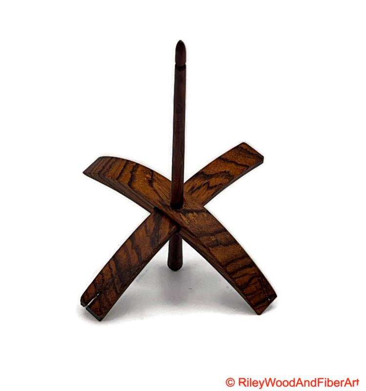 Mega Turkish Drop Spindle - Quartersawn Zebra Whorl with Honduran Rosewood Shaft on white background
