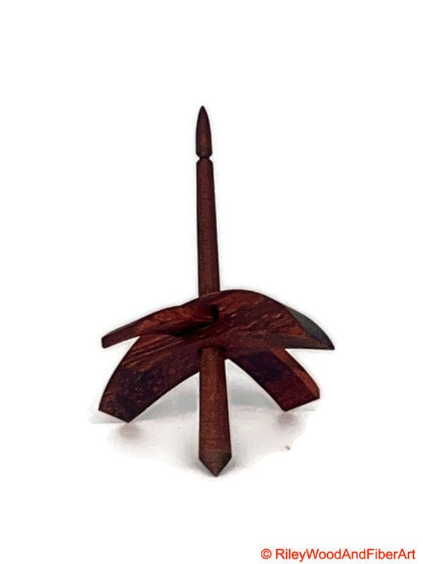 Mini Turkish Drop Spindle - Padauk Whorl with Red Heart Shaft on white background