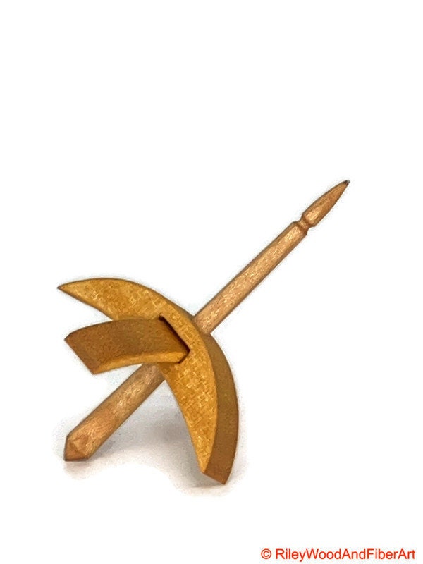 Mini Turkish Drop Spindle - Quartersawn Avodire Whorl with Maple Shaft on white background