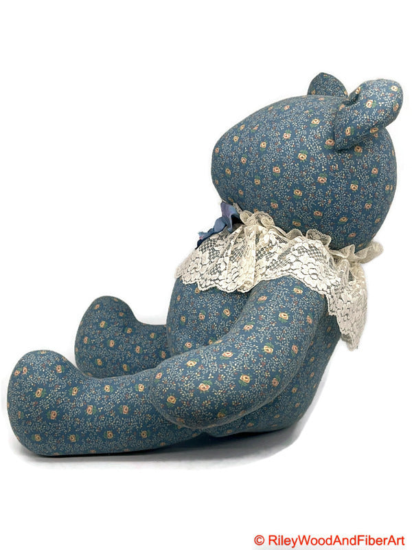 Handmade Vintage Fabric Stuffed Bear - Unique Heirloom Collectible Lite Blue Floral on white background