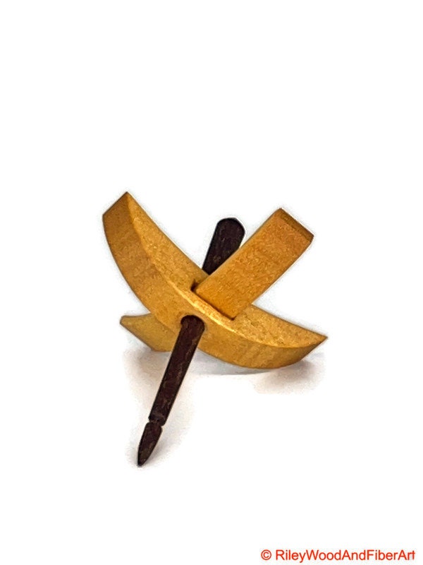 Mini Turkish Drop Spindle - Quartersawn Avodire Whorl with Walnut Shaft on white background