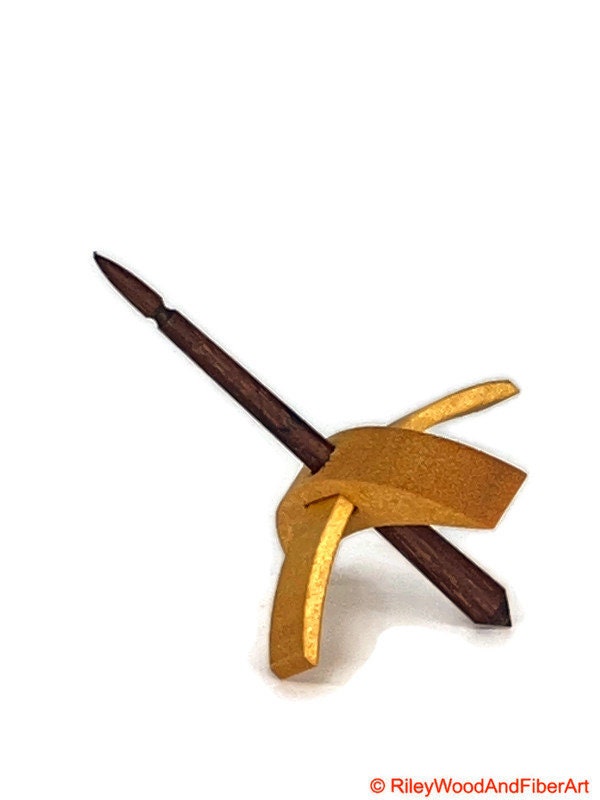 Mini Turkish Drop Spindle - Quartersawn Avodire Whorl with Walnut Shaft on white background